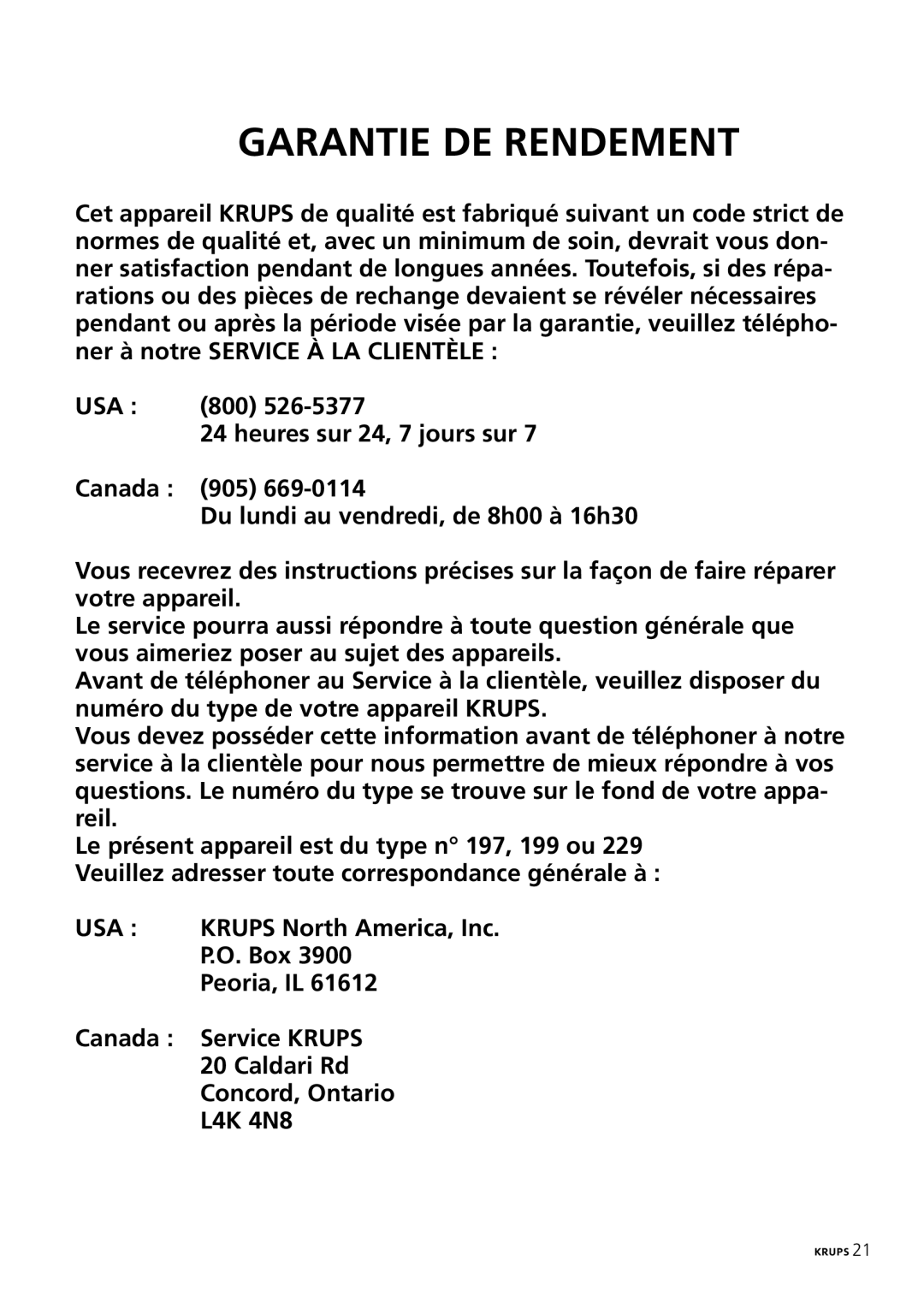 Krups 199, 229, 197 manual Garantie DE Rendement 