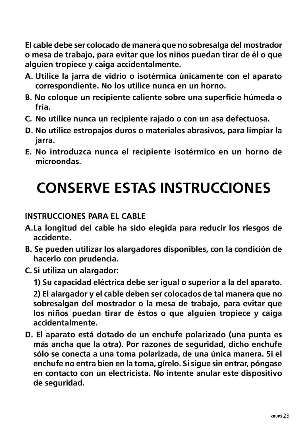 Krups 197, 199, 229 manual Conserve Estas Instrucciones, Instrucciones Para EL Cable 