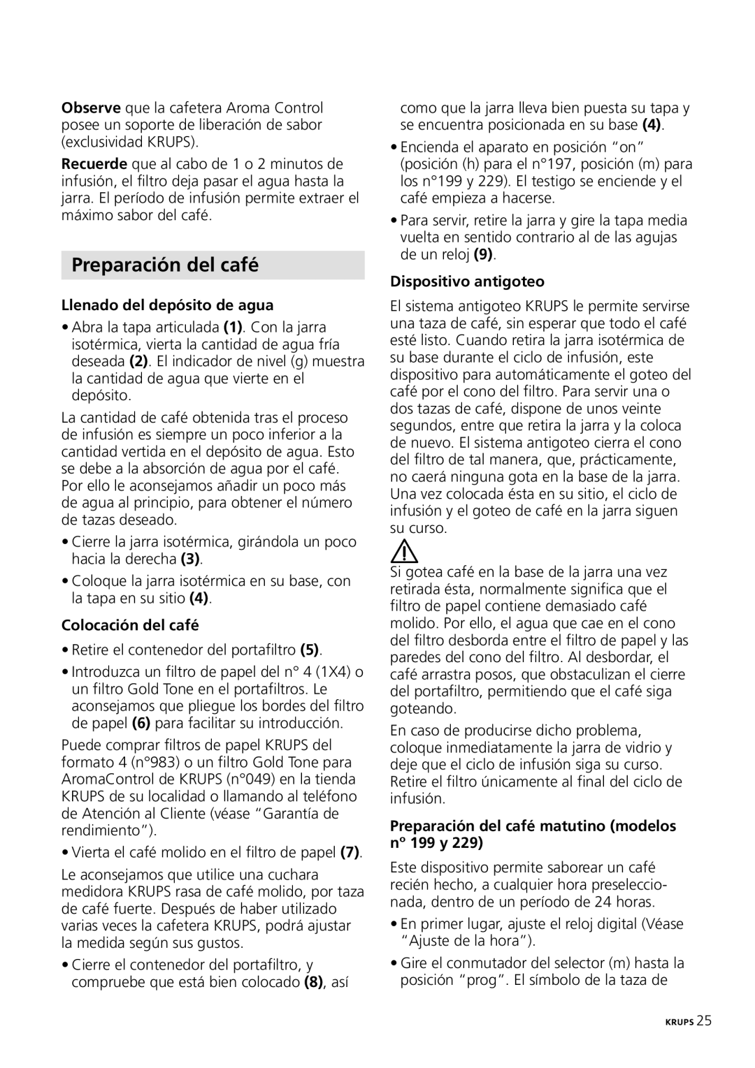 Krups 229, 199, 197 manual Preparación del café, Llenado del depósito de agua, Colocación del café 