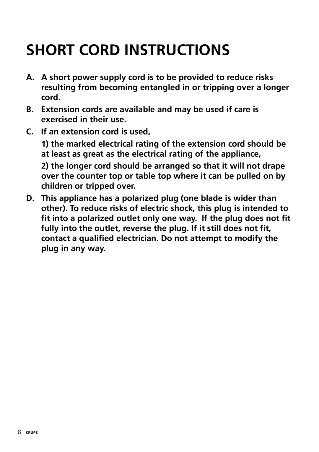 Krups 197, 199, 229 manual Short Cord Instructions 