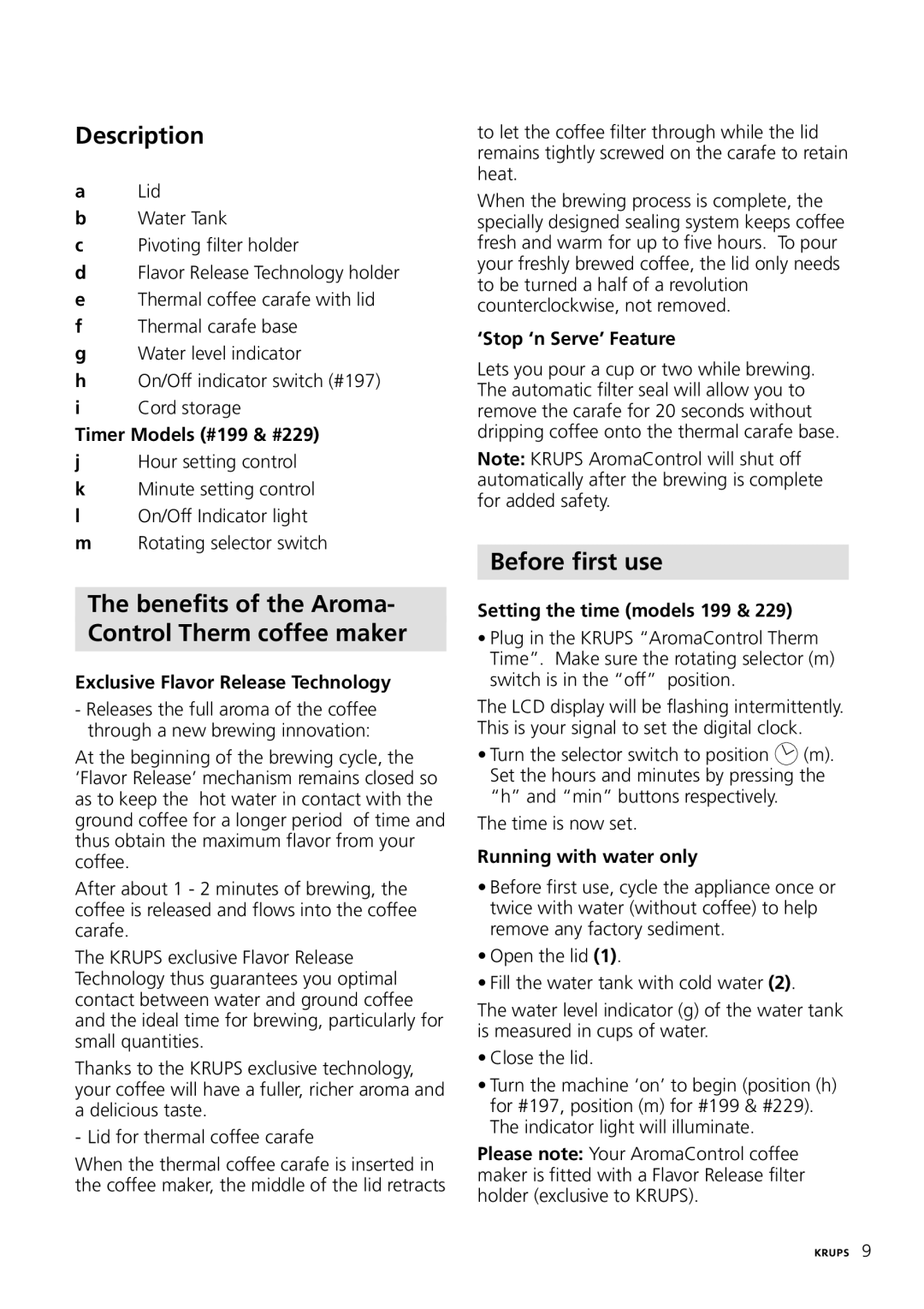 Krups 199, 229, 197 manual Description, Benefits of the Aroma Control Therm coffee maker, Before first use 