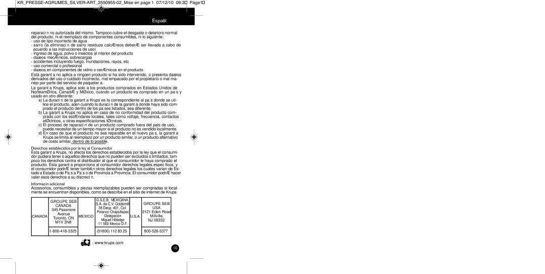 Krups 2550955-02 manual Derechos establecidos por la ley al Consumidor, Informaciòn adicional 