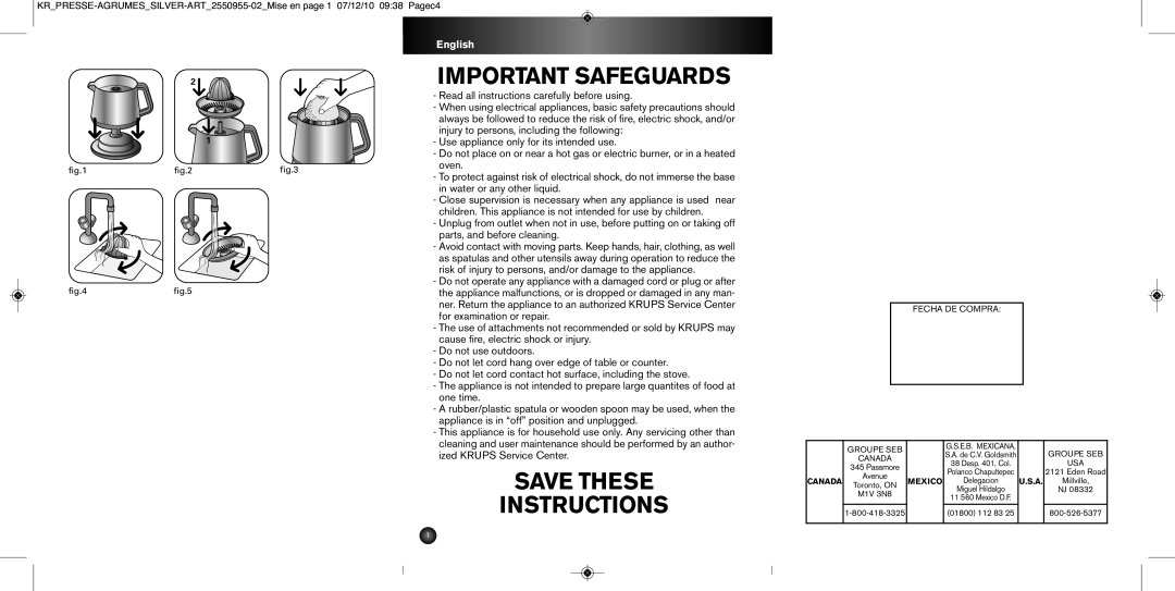 Krups 2550955-02 manual Important Safeguards 