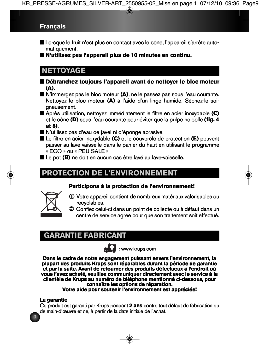 Krups 2550955-02 manual Nettoyage, Protection De L’Environnement, Garantie Fabricant, Français 
