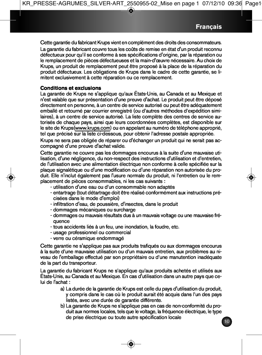 Krups 2550955-02 manual Français, Conditions et exclusions 