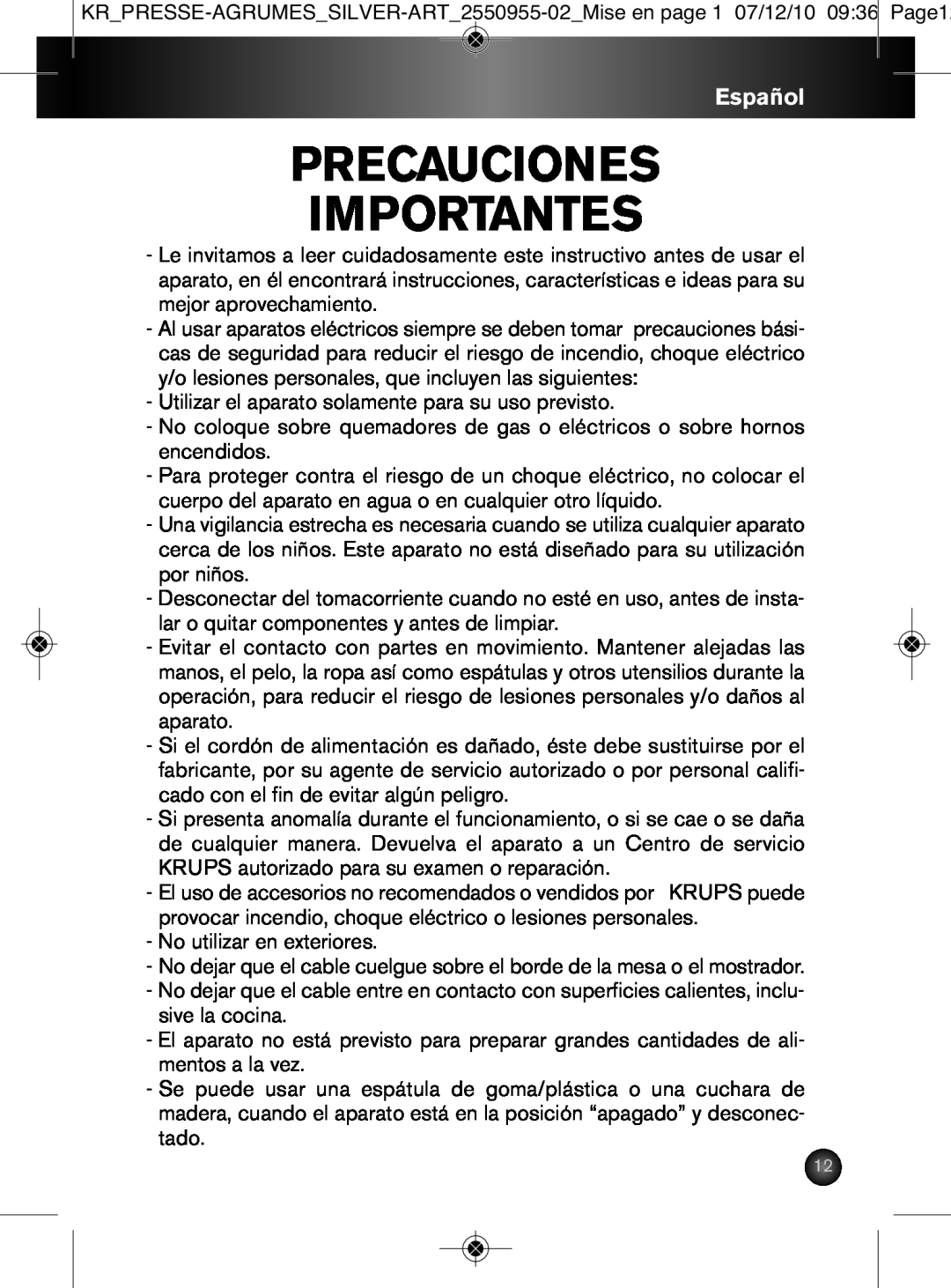 Krups 2550955-02 manual Español, Precauciones Importantes 