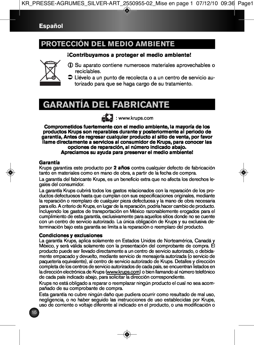 Krups 2550955-02 manual Garantía Del Fabricante, Protección Del Medio Ambiente, Español 