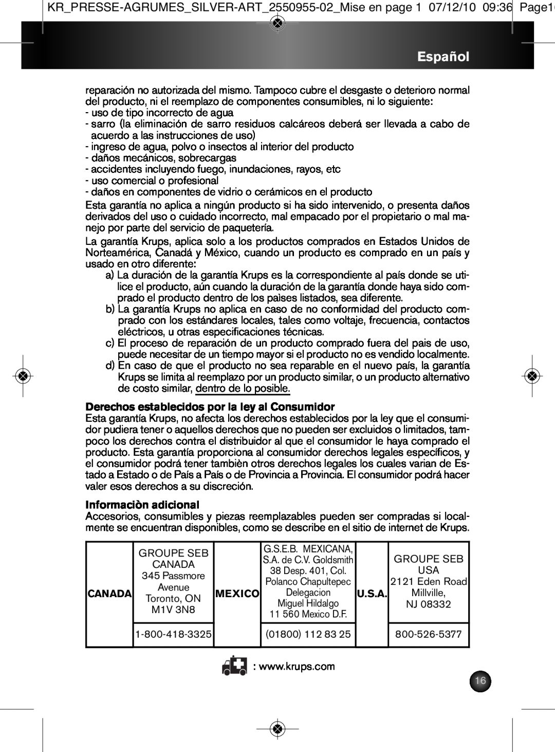 Krups 2550955-02 manual Español, Derechos establecidos por la ley al Consumidor, Informaciòn adicional 