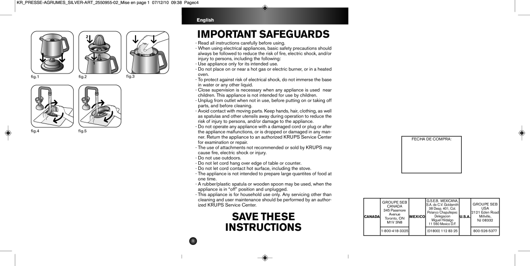 Krups 2550955-02 manual Important Safeguards, Save These Instructions, English 