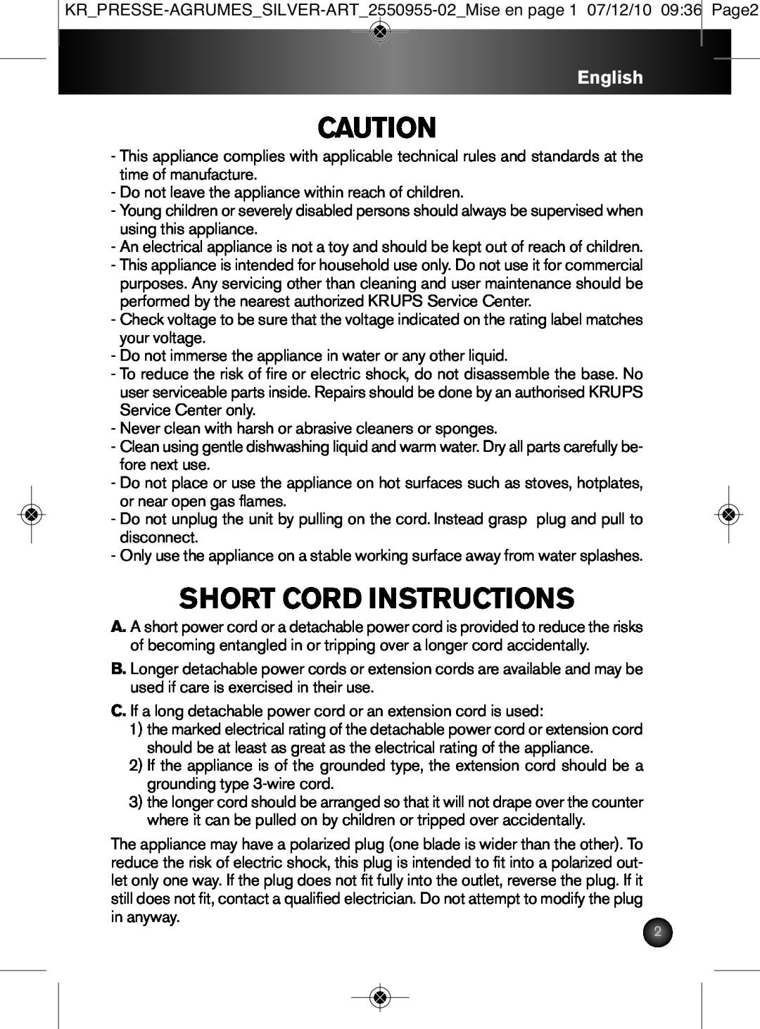 Krups 2550955-02 manual Short Cord Instructions, English 