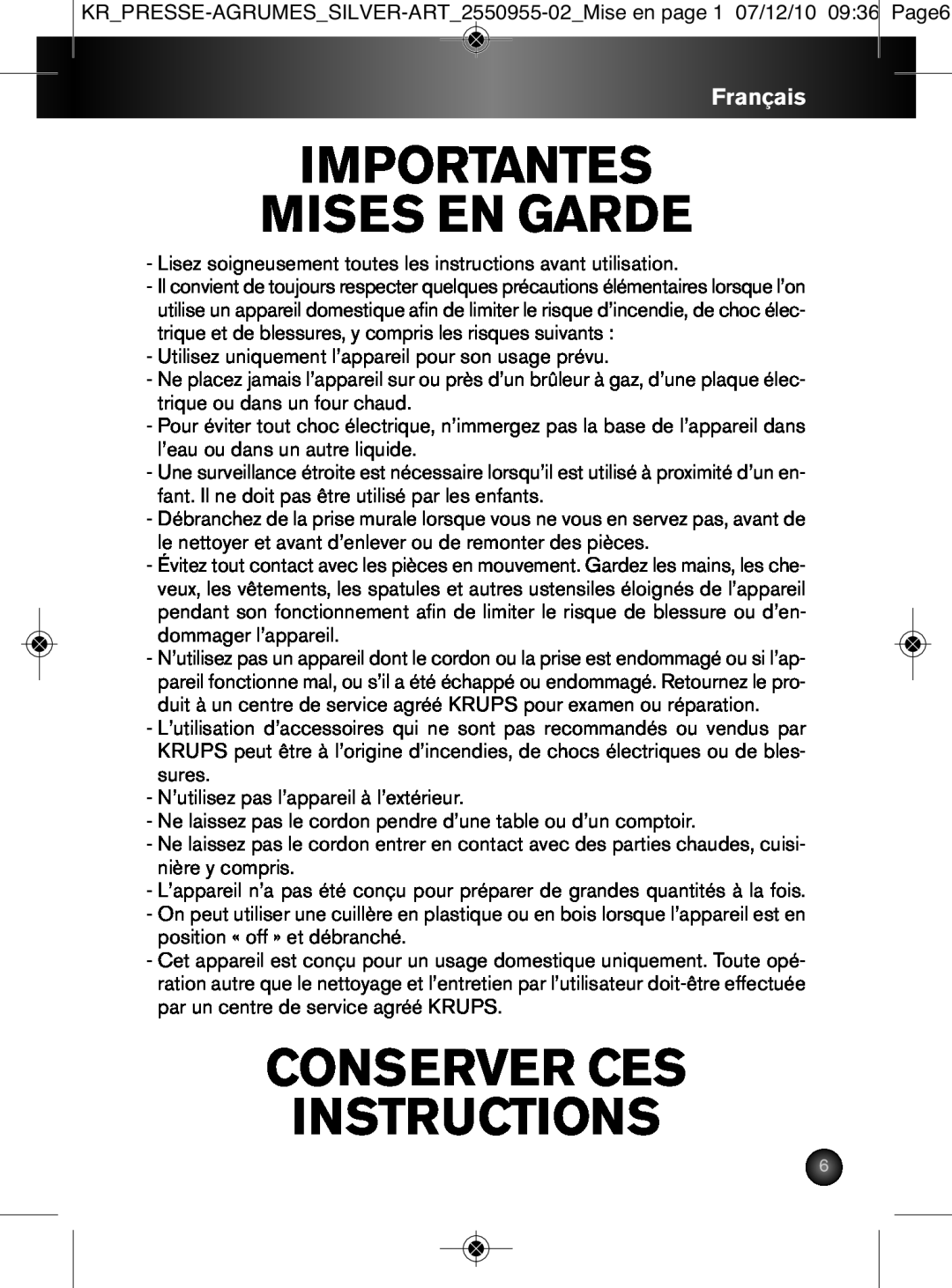 Krups 2550955-02 manual Importantes Mises En Garde, Conserver Ces Instructions, Français 