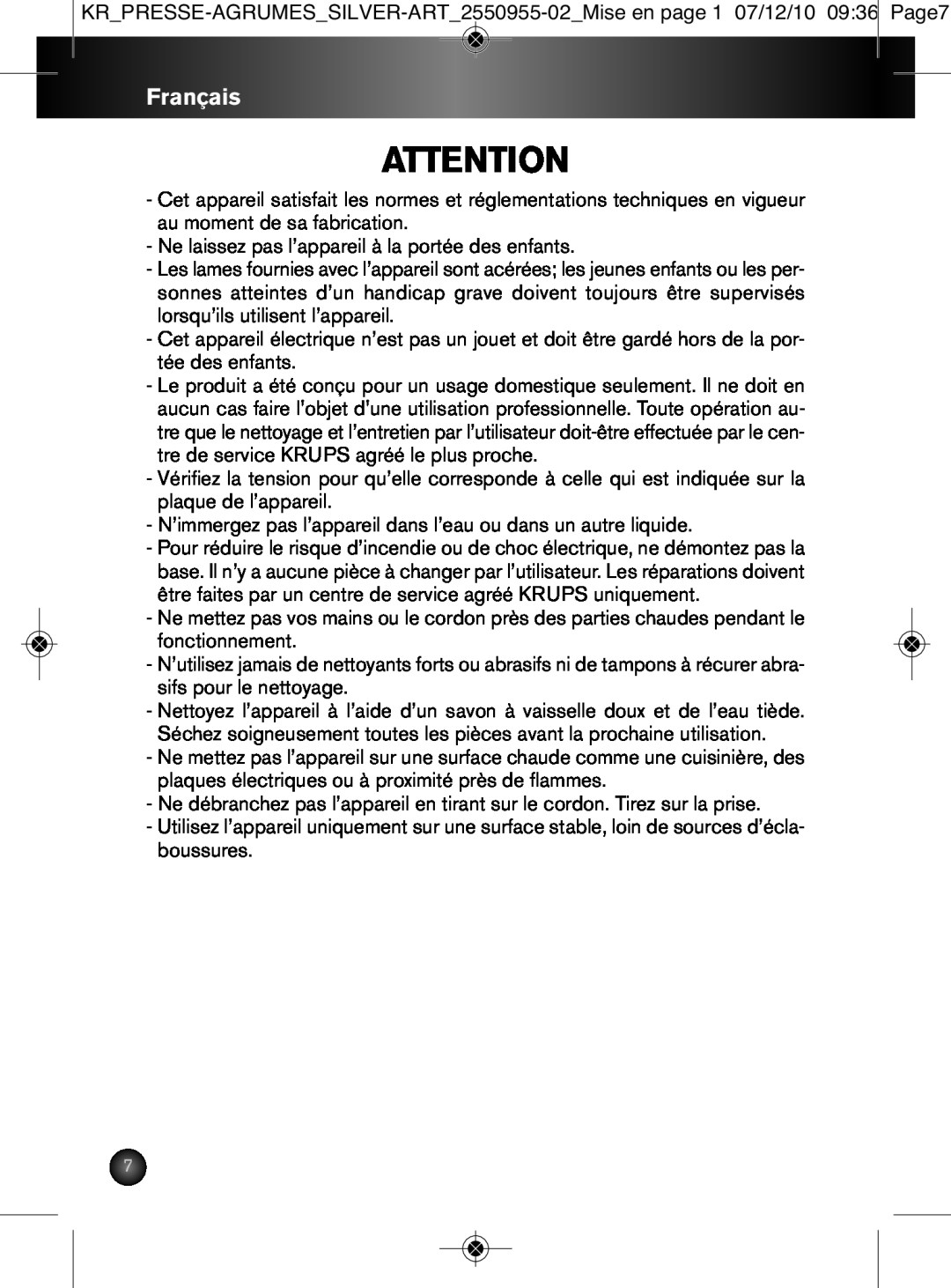 Krups 2550955-02 manual Français, Ne laissez pas l’appareil à la portée des enfants 
