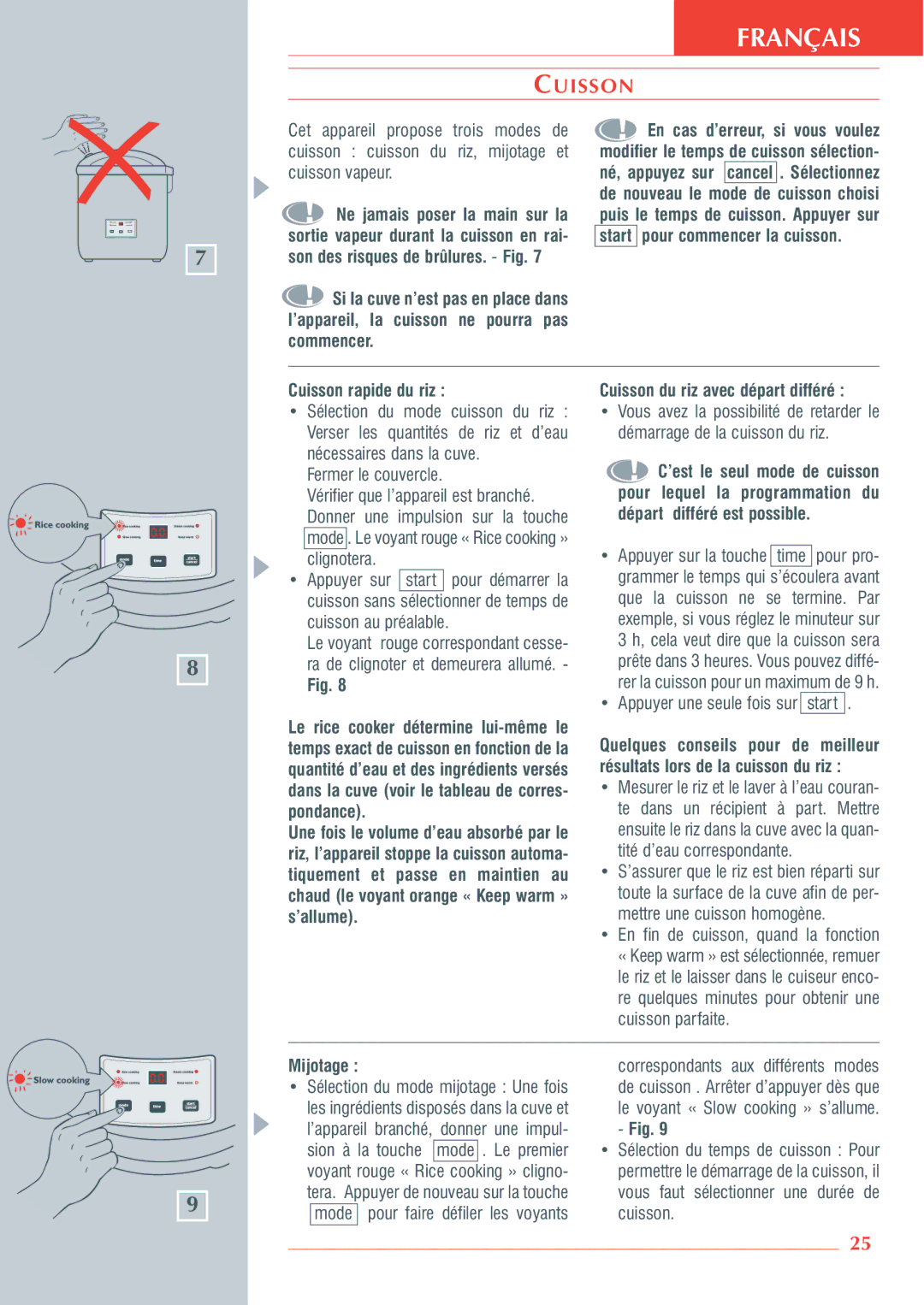 Krups 3.21 manual Uisson, Cuisson rapide du riz, Cuisson du riz avec départ différé, Mijotage 