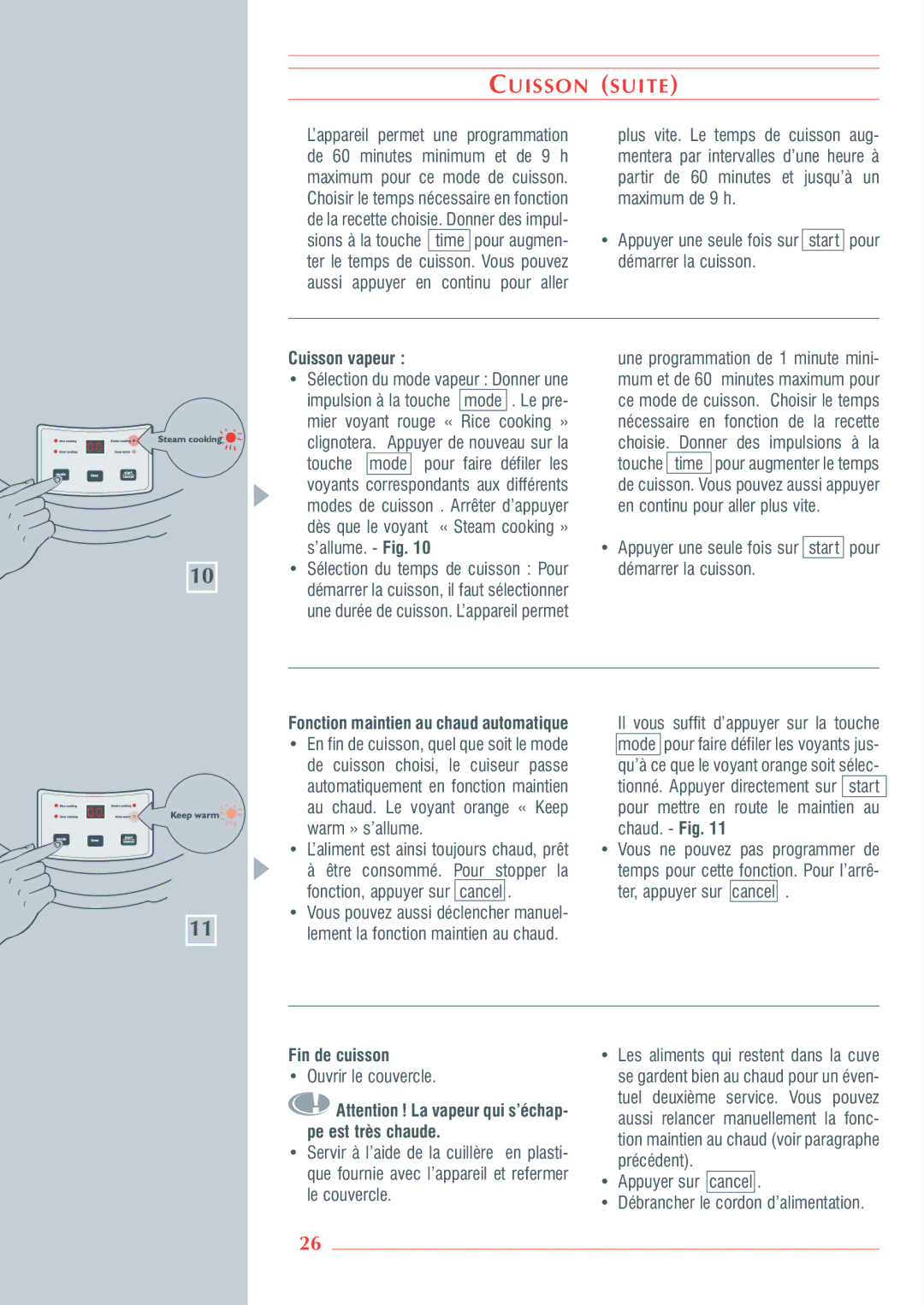 Krups 3.21 manual Cuisson Suite, Cuisson vapeur, Fonction maintien au chaud automatique, Fin de cuisson 