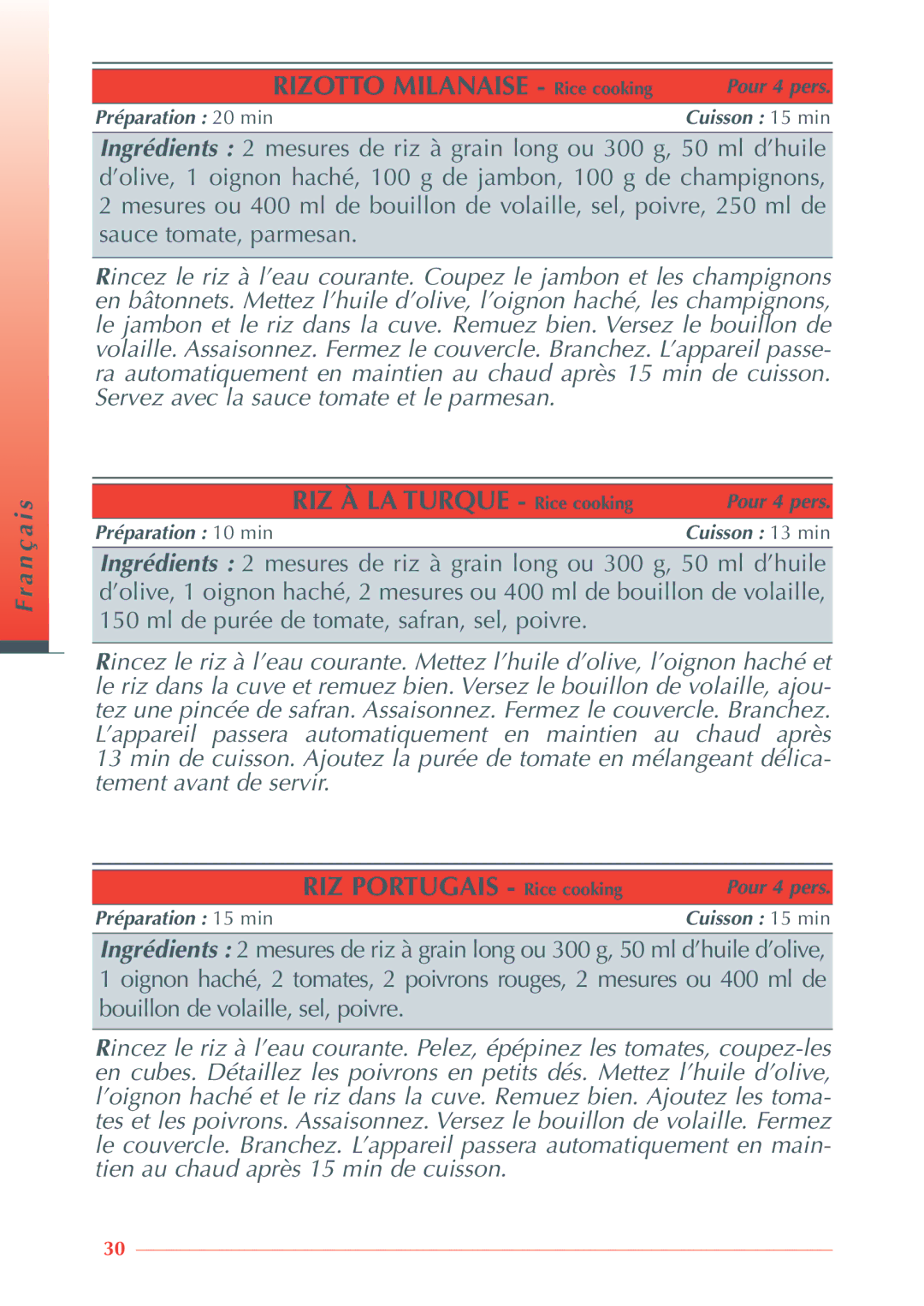 Krups 3.21 manual Rizotto Milanaise Rice cooking, RIZ À LA Turque Rice cooking, RIZ Portugais Rice cooking 