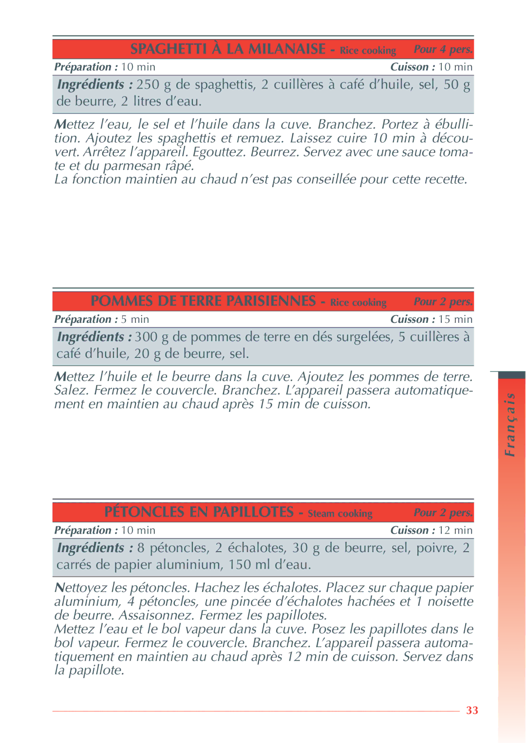 Krups 3.21 manual Spaghetti À LA Milanaise Rice cooking Pour 4 pers, Pétoncles EN Papillotes Steam cooking 