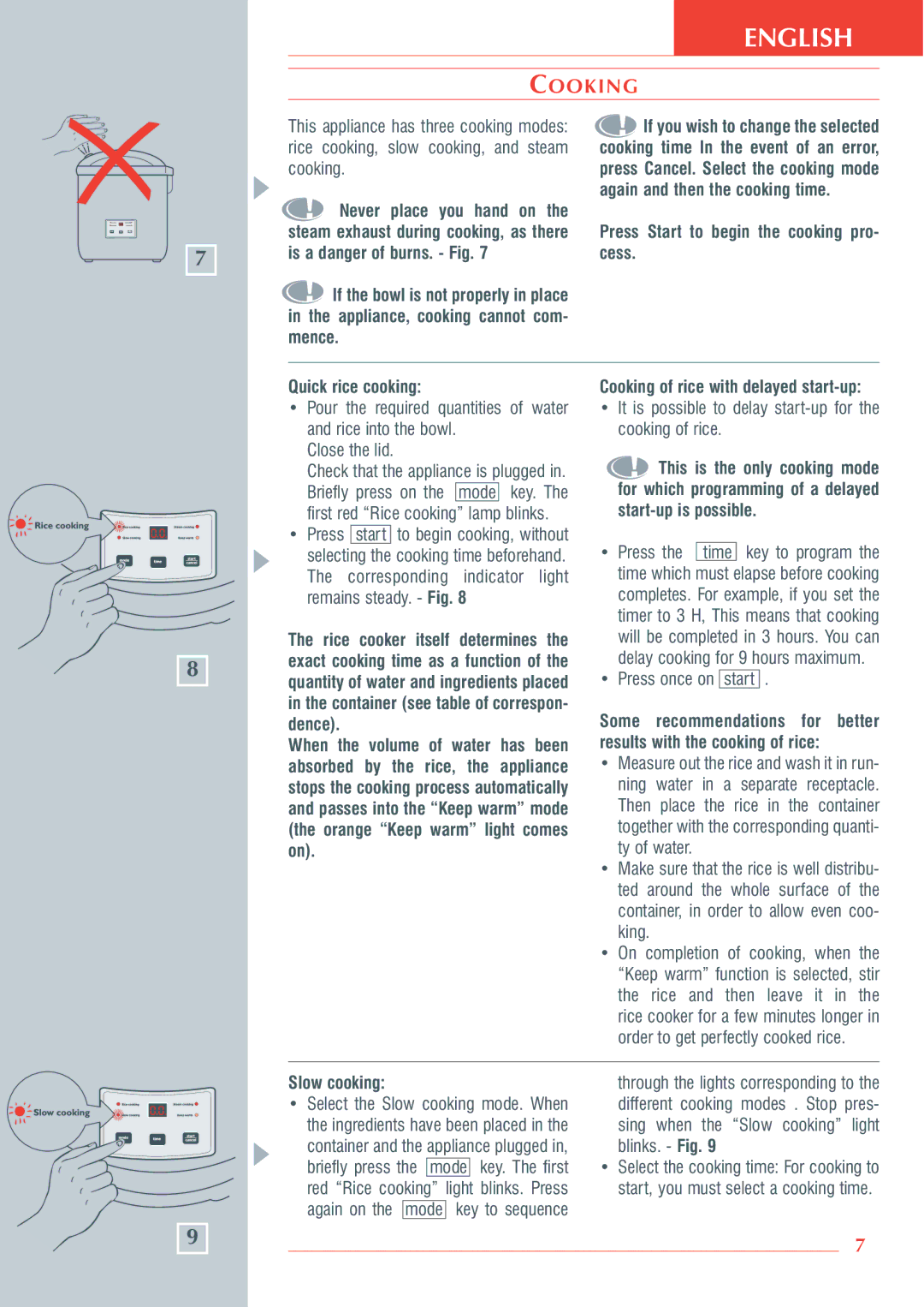 Krups 3.21 manual Cooking, It is possible to delay start-up for the cooking of rice, Press Time, Slow cooking 