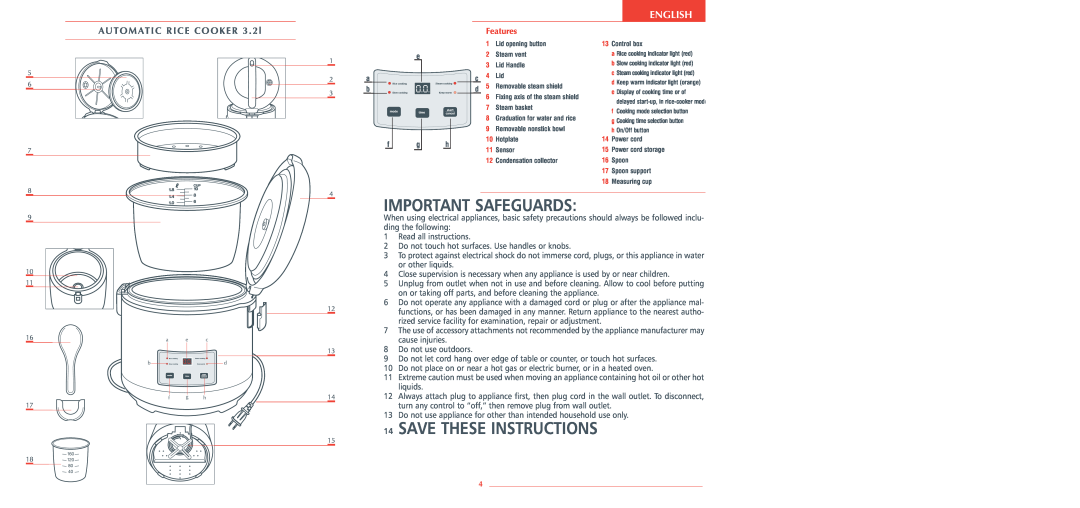 Krups 3.21 manual Important Safeguards, Save These Instructions, AU TO M ATIC RICE COOKER 3 . 2l, English, Features 