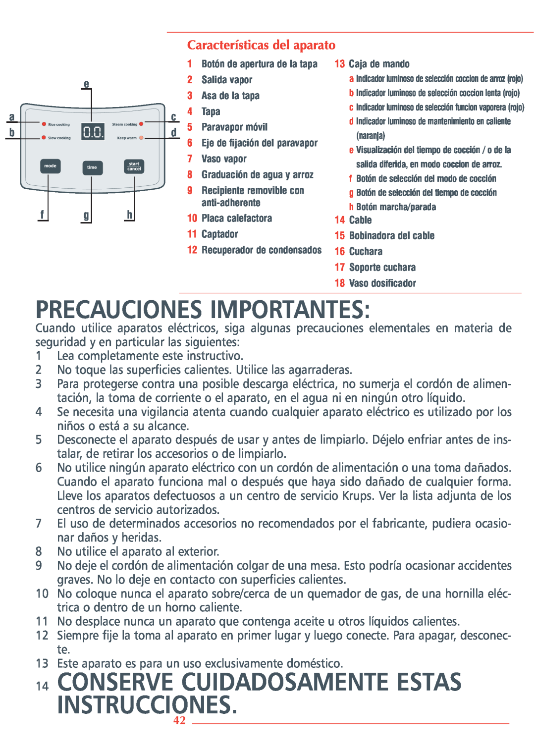 Krups 3.21 manual Precauciones Importantes, Instrucciones, Conserve Cuidadosamente Estas, Características del aparato 
