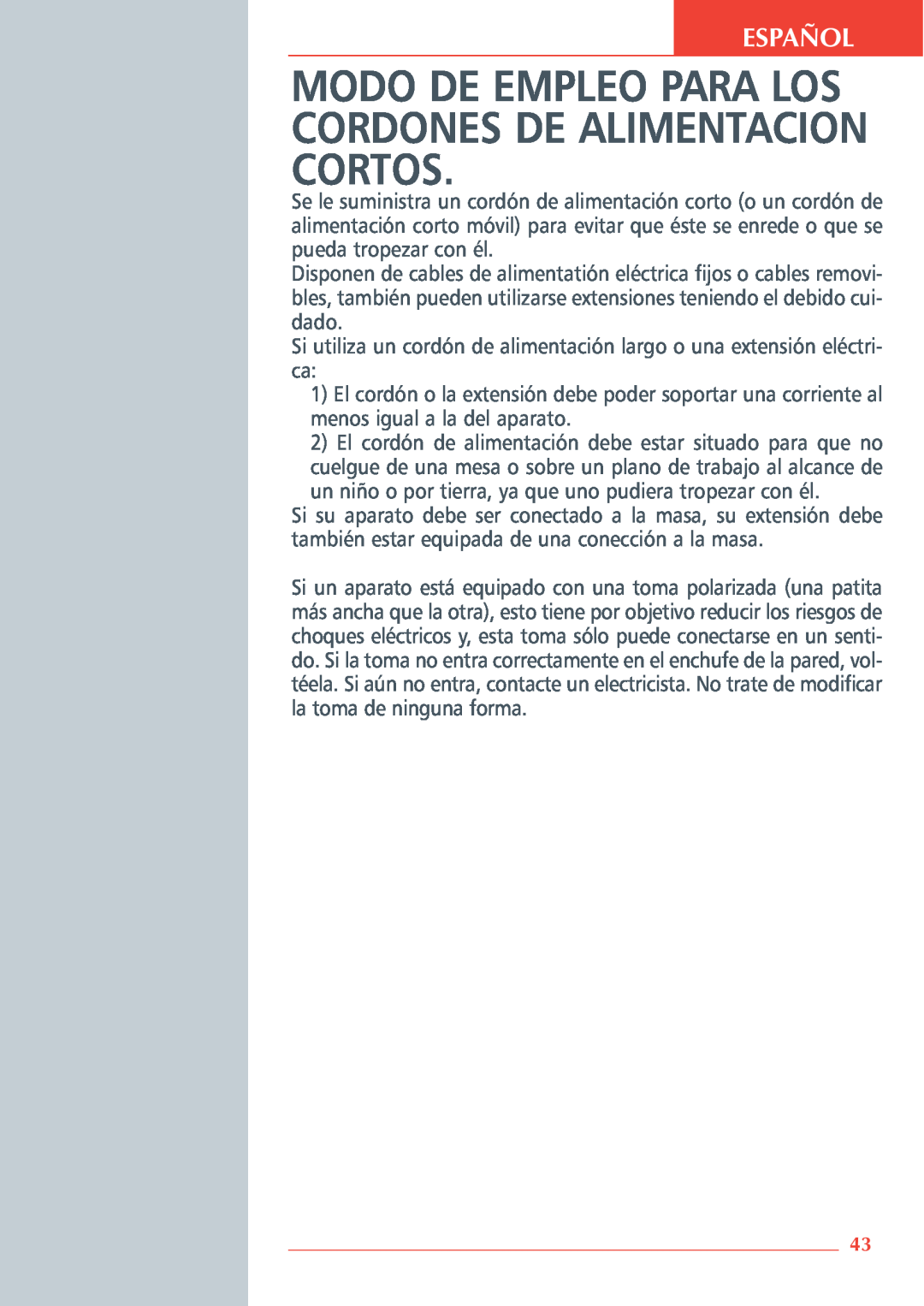 Krups 3.21 manual Modo De Empleo Para Los Cordones De Alimentacion Cortos, Español 