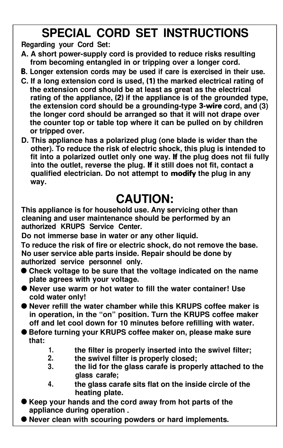 Krups 453 warranty Special Cord SET Instructions 