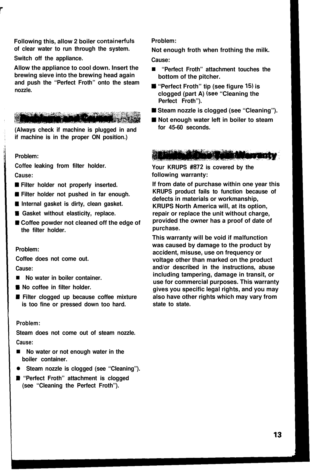 Krups 872 manual No water in boiler container. W No coffee in filter holder 