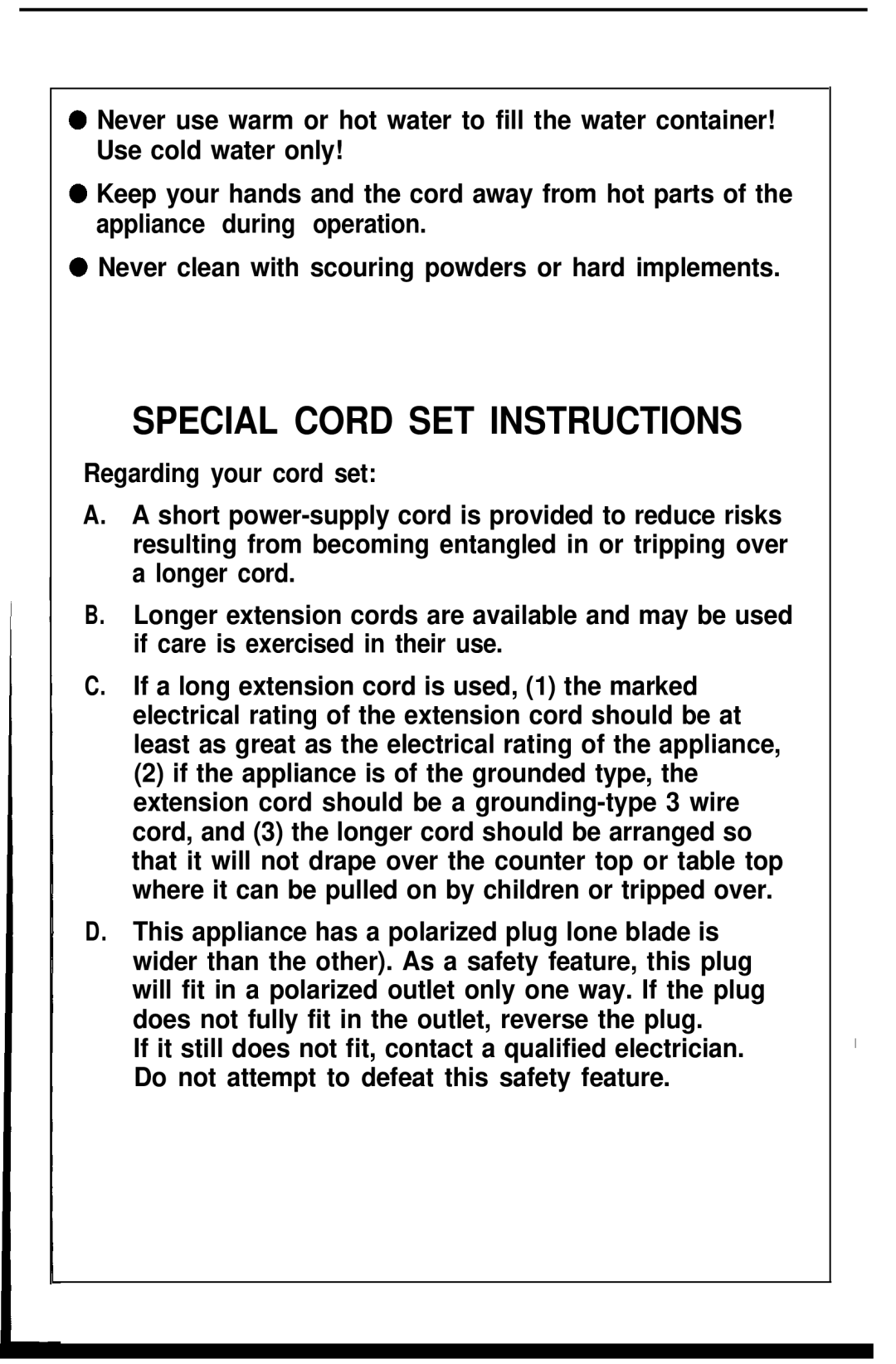 Krups 872 manual Special Cord SET Instructions 