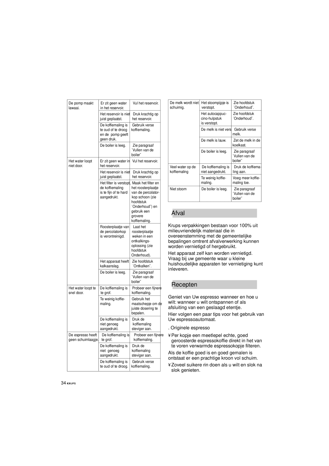 Krups 880-42 manual Afval, Recepten, Originele espresso 