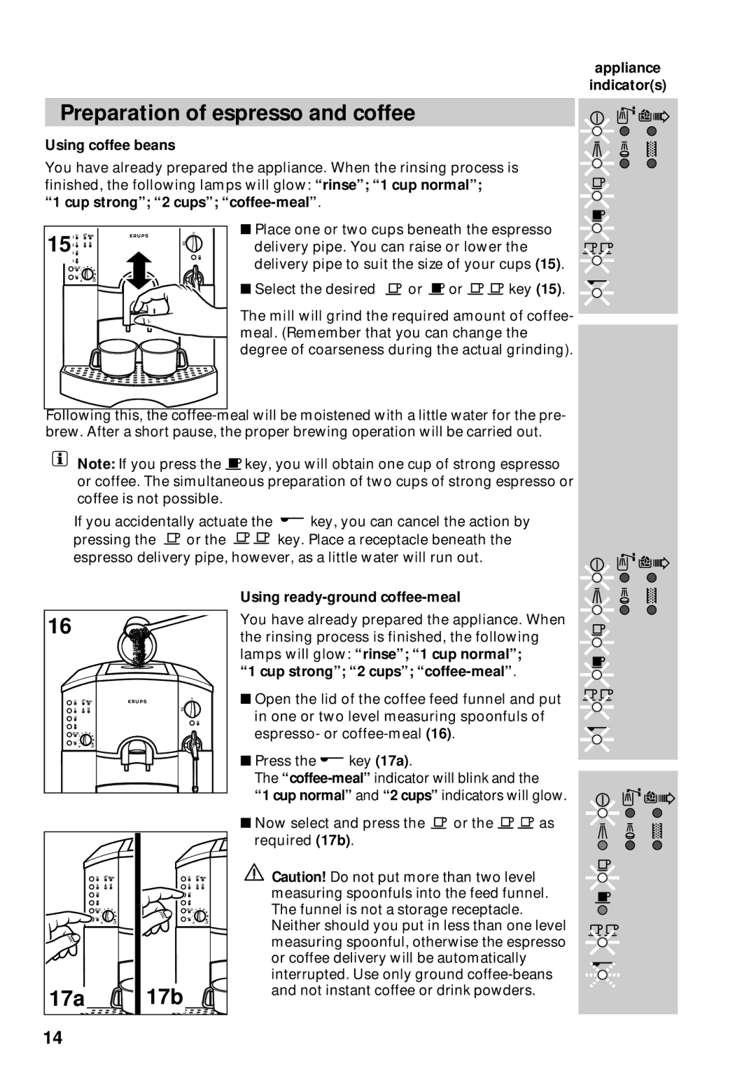 Krups 889 Preparation of espresso and coffee, 17a 17b, Using coffee beans, Cup strong 2 cups coffee-meal 