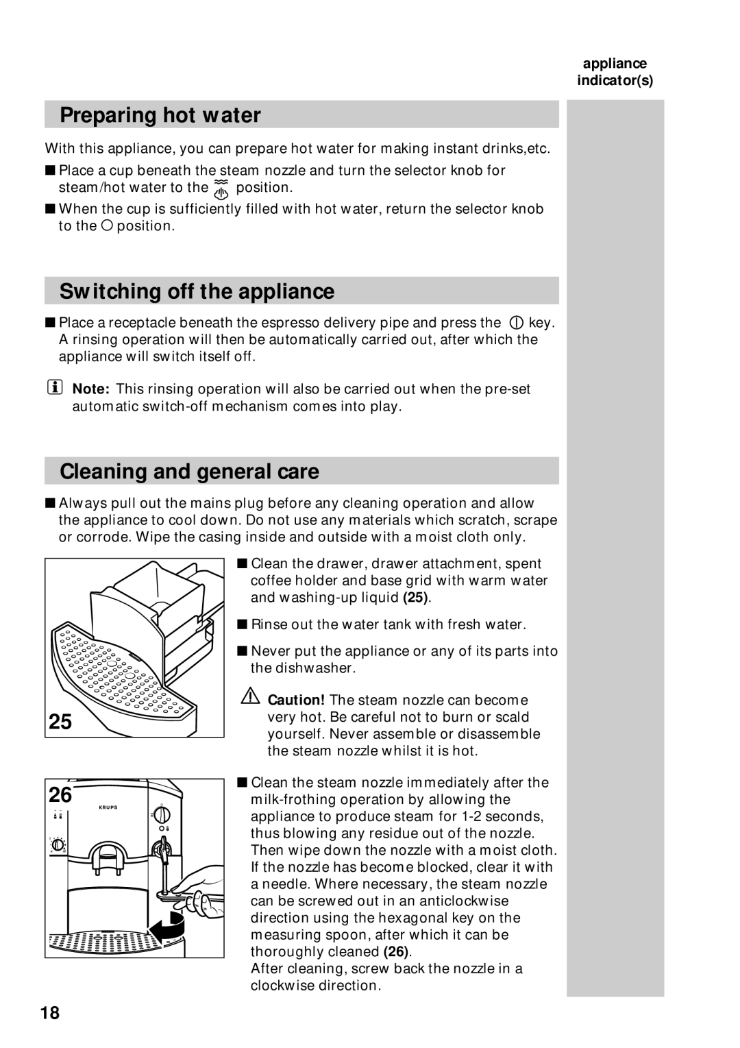 Krups 889 manuel dutilisation Preparing hot water, Switching off the appliance, Cleaning and general care 