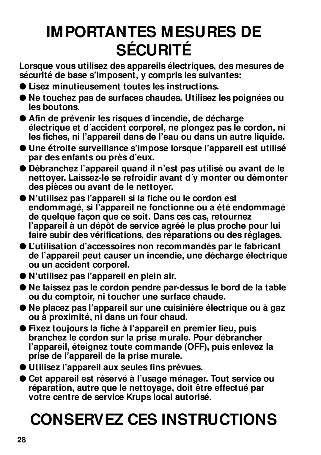 Krups 889 manuel dutilisation Importantes Mesures DE Sécurité 