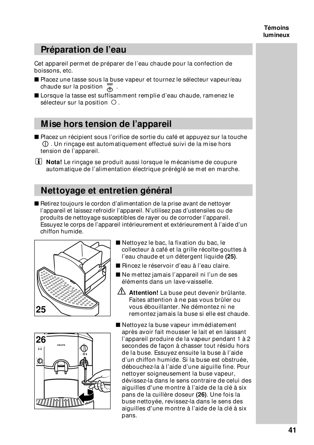 Krups 889 manuel dutilisation Préparation de l’eau, Mise hors tension de l’appareil, Nettoyage et entretien général 