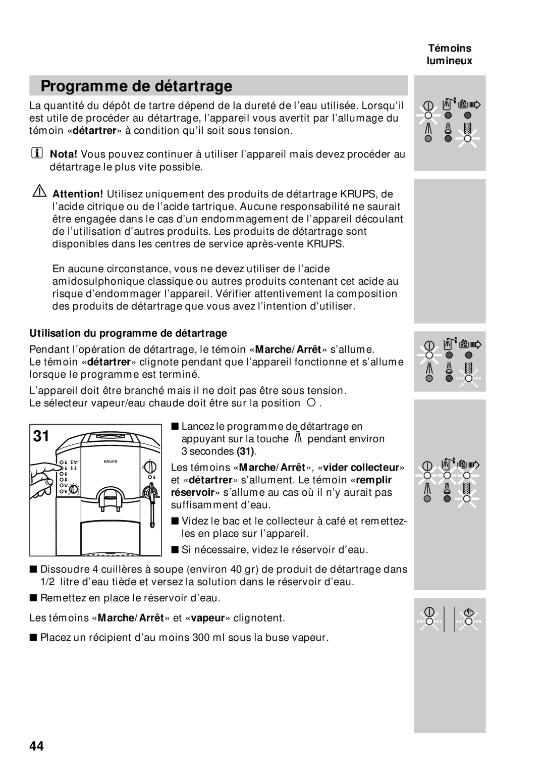 Krups 889 manuel dutilisation Programme de détartrage, Utilisation du programme de détartrage 