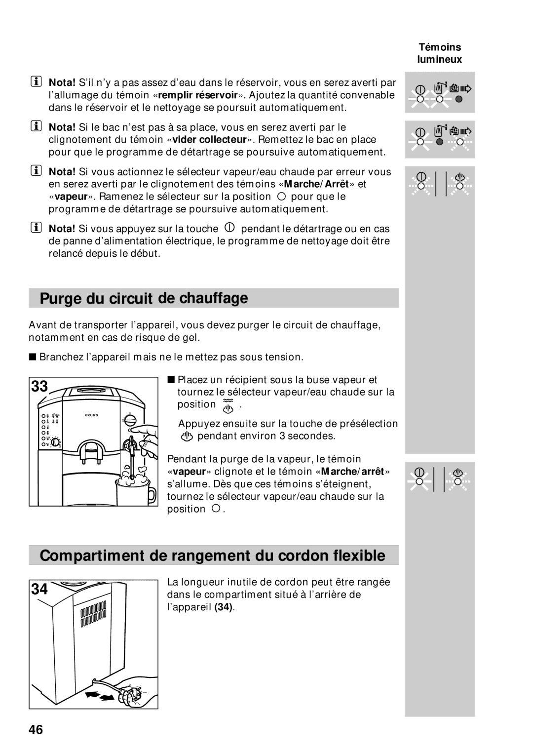 Krups 889 manuel dutilisation Purge du circuit de chauffage, Compartiment de rangement du cordon flexible 