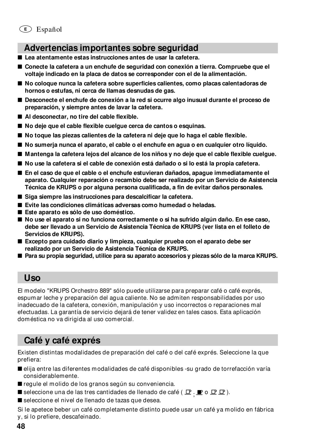 Krups 889 manuel dutilisation Advertencias importantes sobre seguridad, Uso, Café y café exprés 