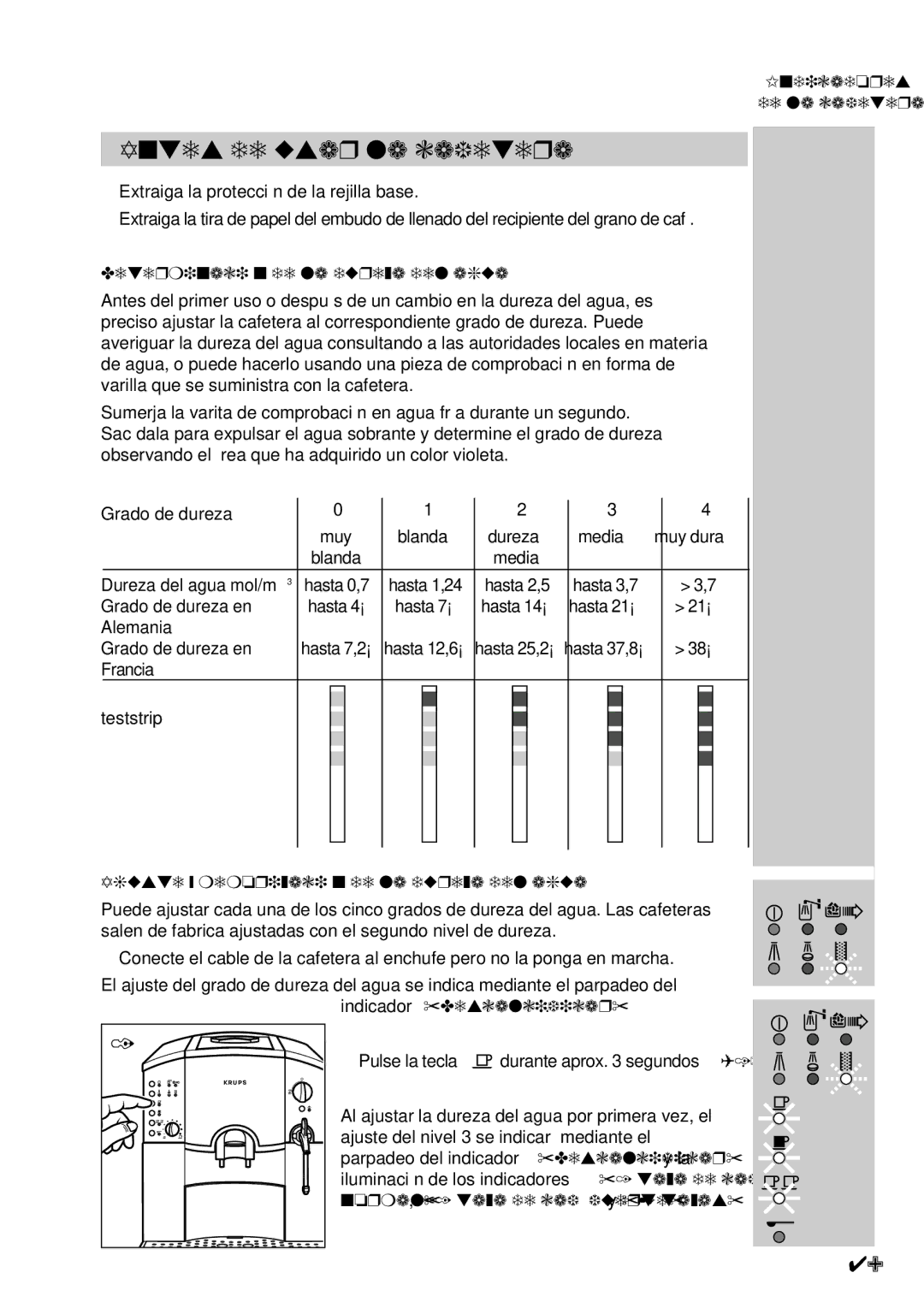 Krups 889 manuel dutilisation Antes de usar la cafetera, Indicadores De la cafetera, Determinación de la dureza del agua 