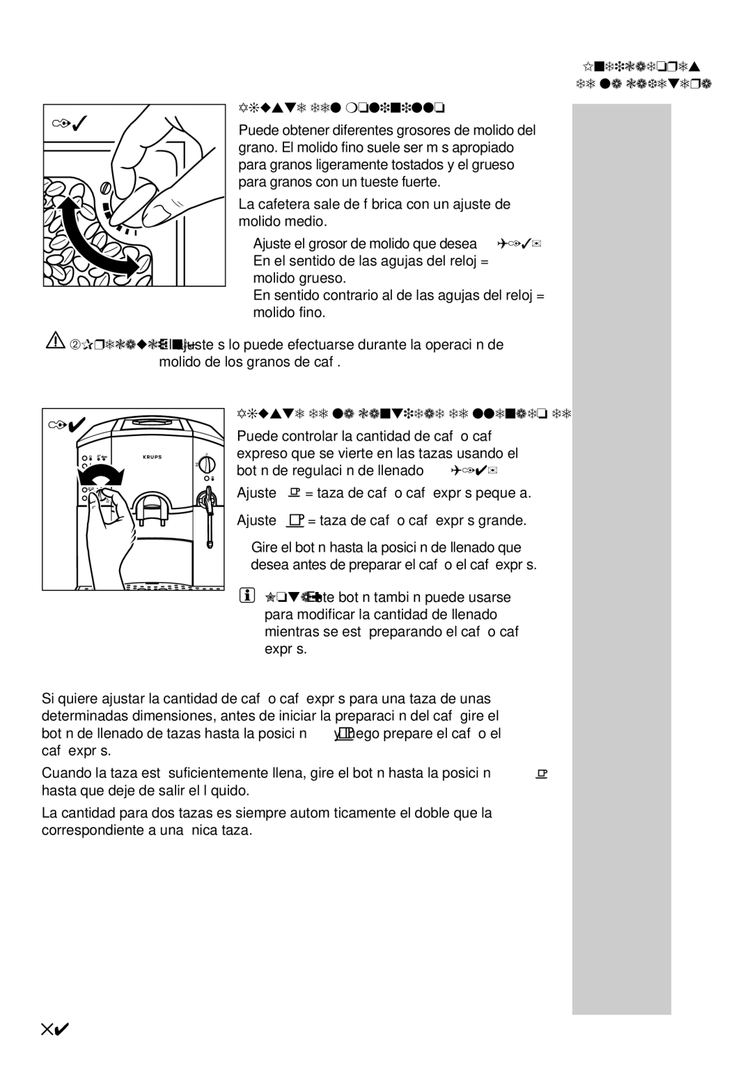 Krups 889 Indicadores De la cafetera Ajuste del molinillo, Ajuste de la cantidad de llenado de las tazas 
