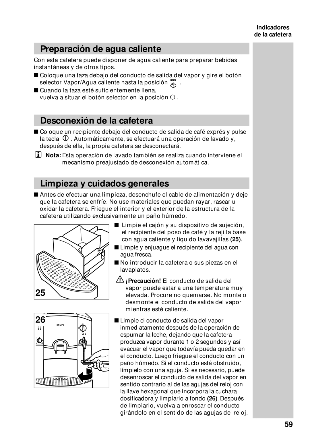 Krups 889 manuel dutilisation Preparación de agua caliente, Desconexión de la cafetera, Limpieza y cuidados generales 