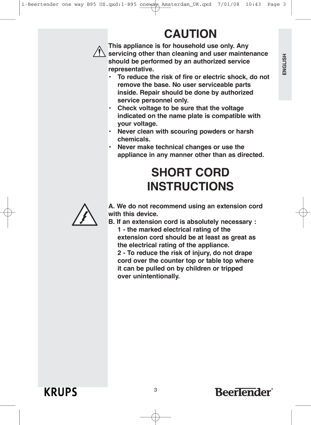 Krups IB95 warranty Short Cord Instructions 