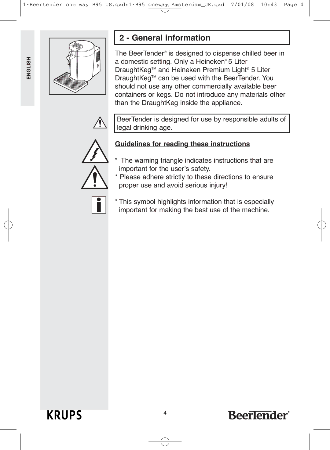 Krups IB95 warranty General information, Guidelines for reading these instructions 