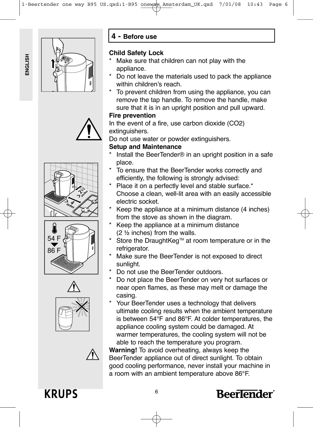 Krups IB95 warranty 54F, 86F, Before use Child Safety Lock, Fire prevention, Setup and Maintenance 