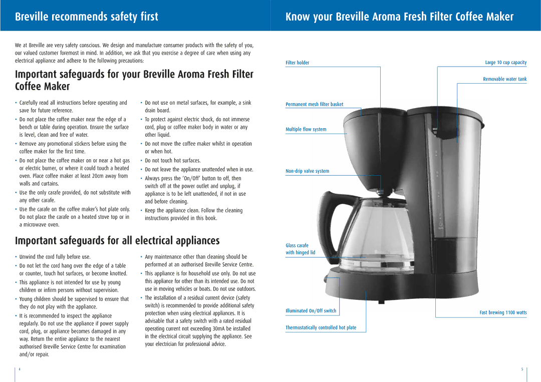 Krups BCM120 manual Breville recommends safety first, Know your Breville Aroma Fresh Filter Coffee Maker 