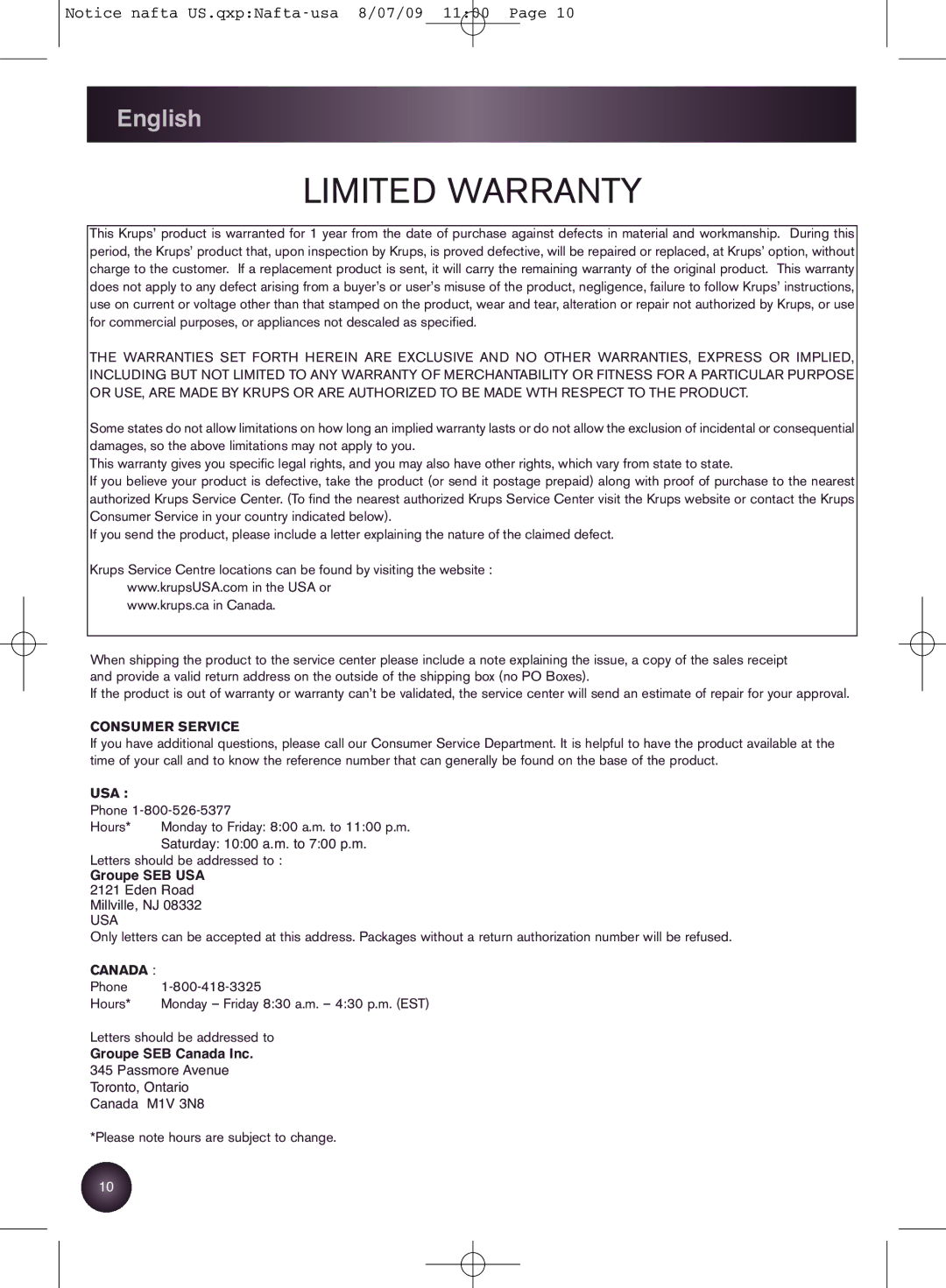 Krups BW3990 manual Limited Warranty 