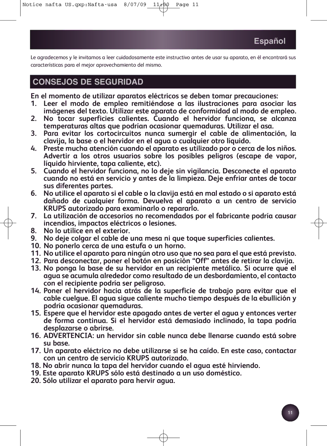 Krups BW3990 manual Español, Consejos DE Seguridad 