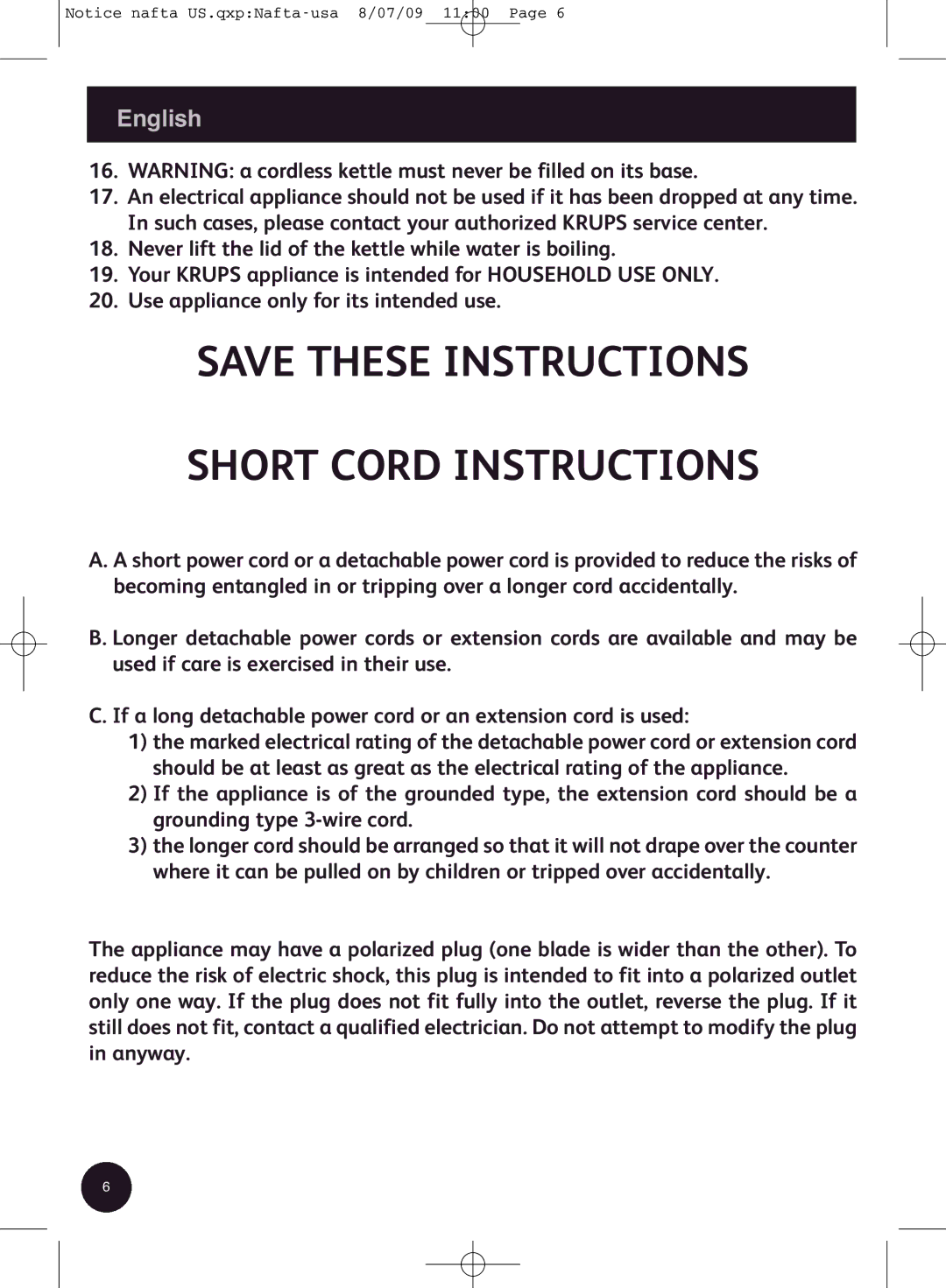 Krups BW3990 manual Short Cord Instructions 