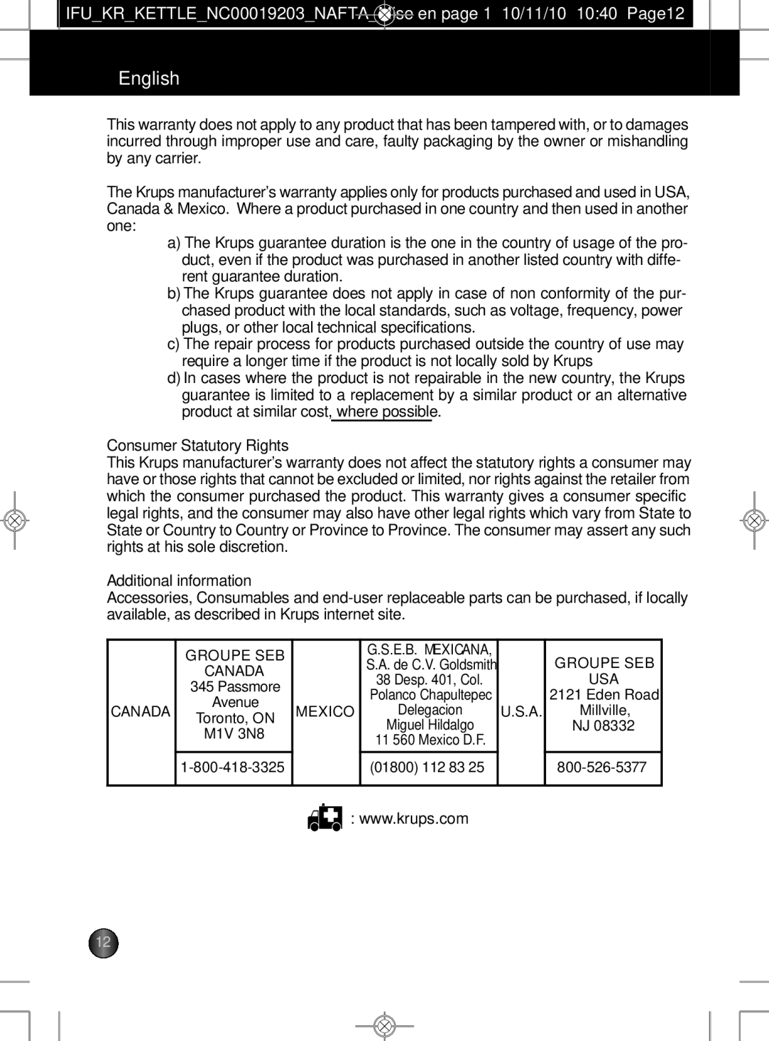 Krups BW600 manual Consumer Statutory Rights, Additional information 