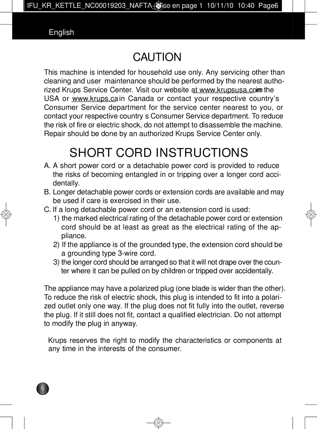 Krups BW600 manual Short Cord Instructions 