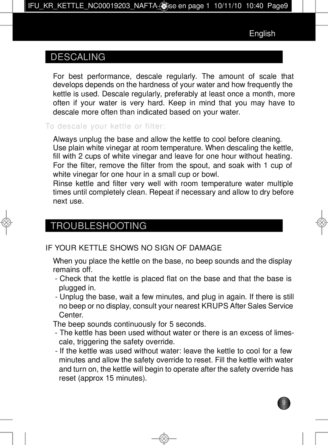 Krups BW600 manual Descaling, Troubleshooting, To descale your kettle or filter 