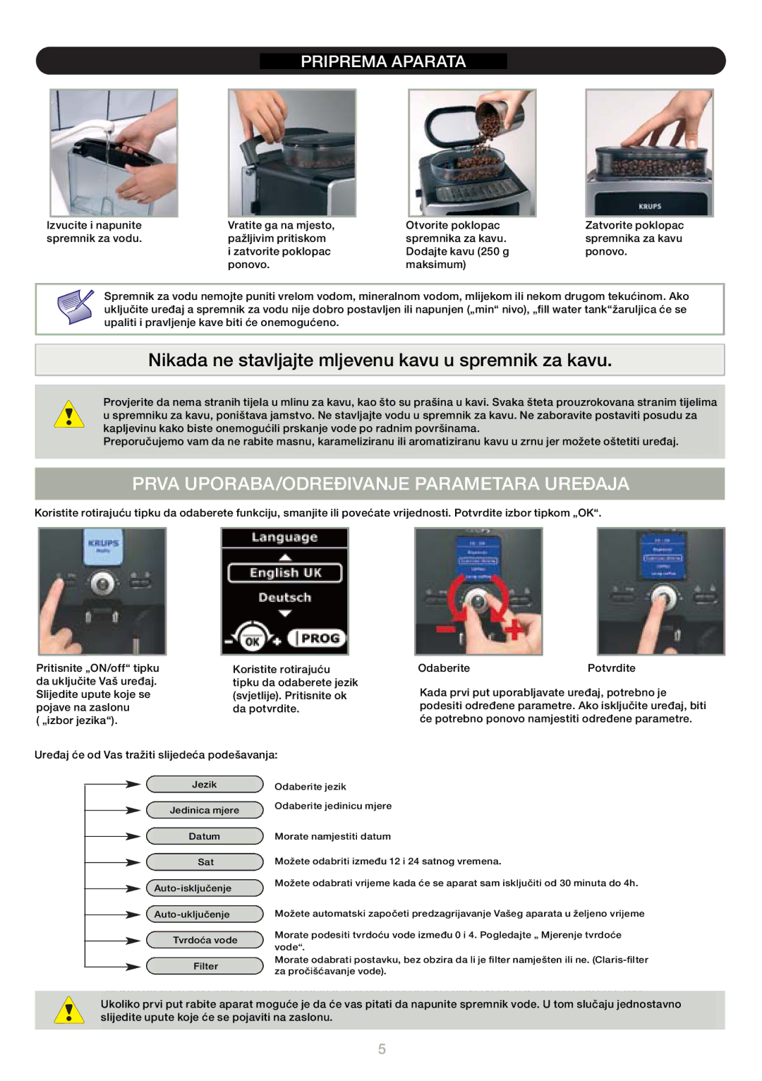 Krups EA 8050, EA 8025 manual Priprema Aparata 