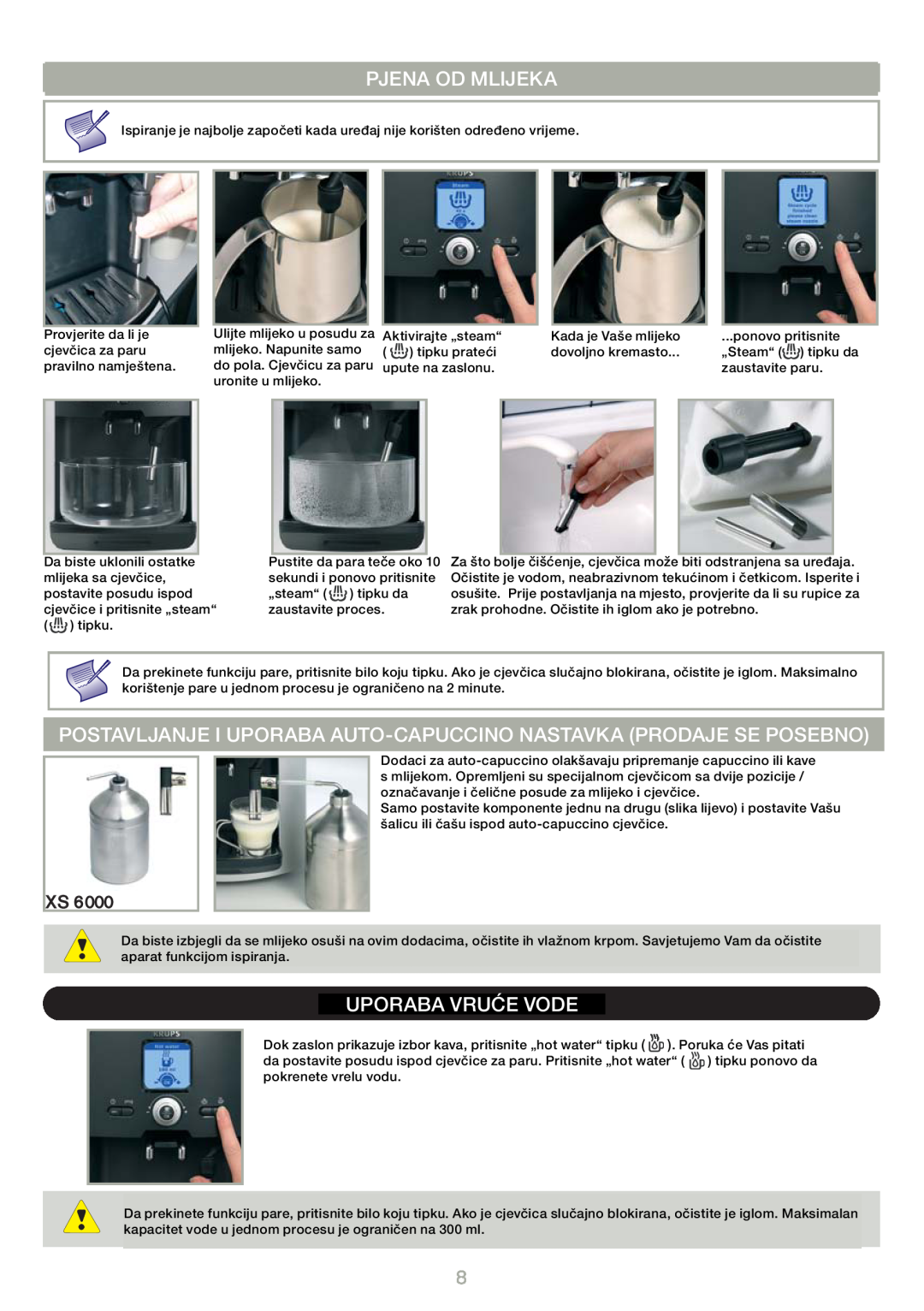 Krups EA 8025, EA 8050 manual Pjenafrothingod Mlijekamilk, Uporaba Vruće Vode 